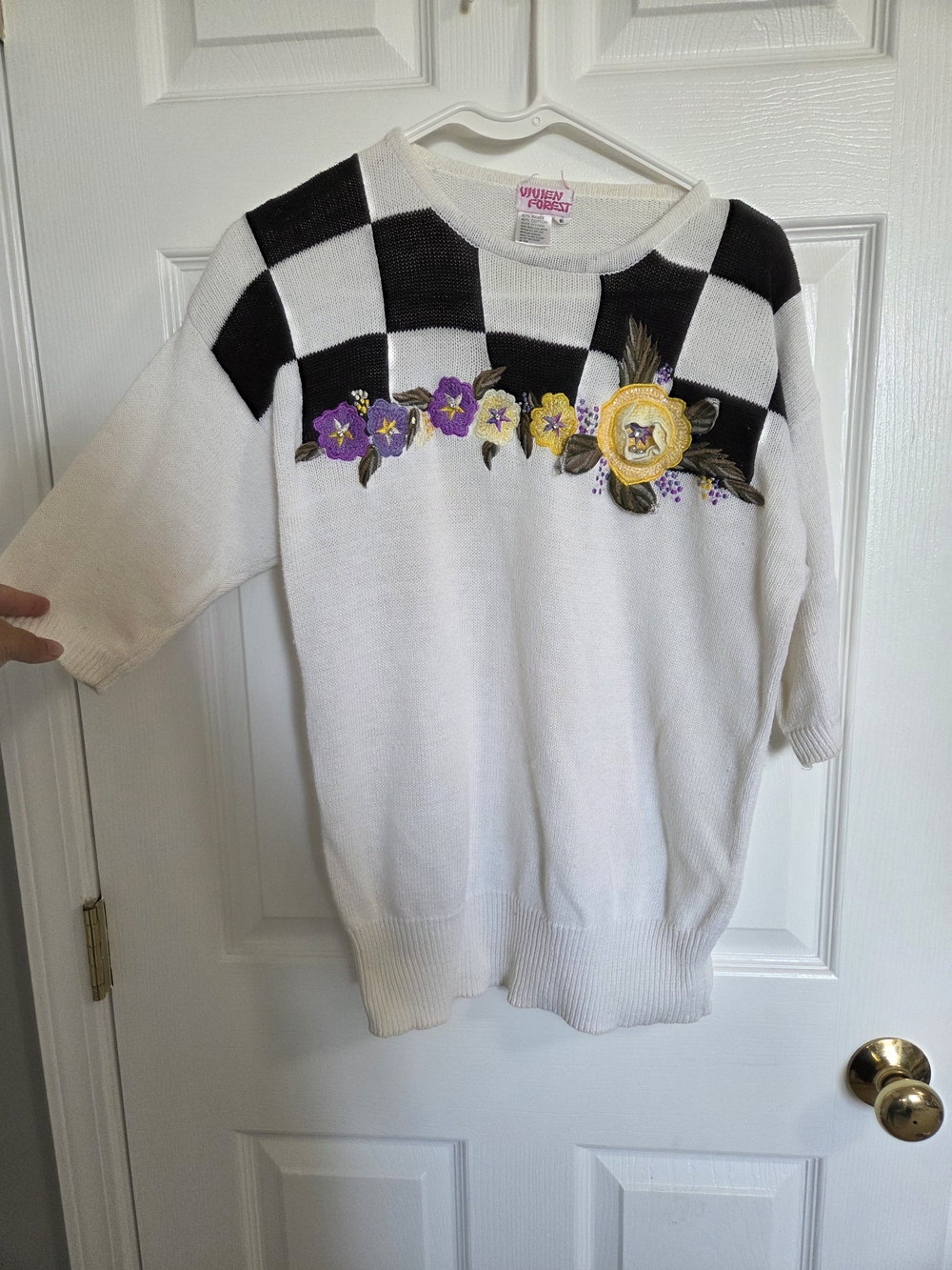 White Checkerboard Ramie Floral Knit Top